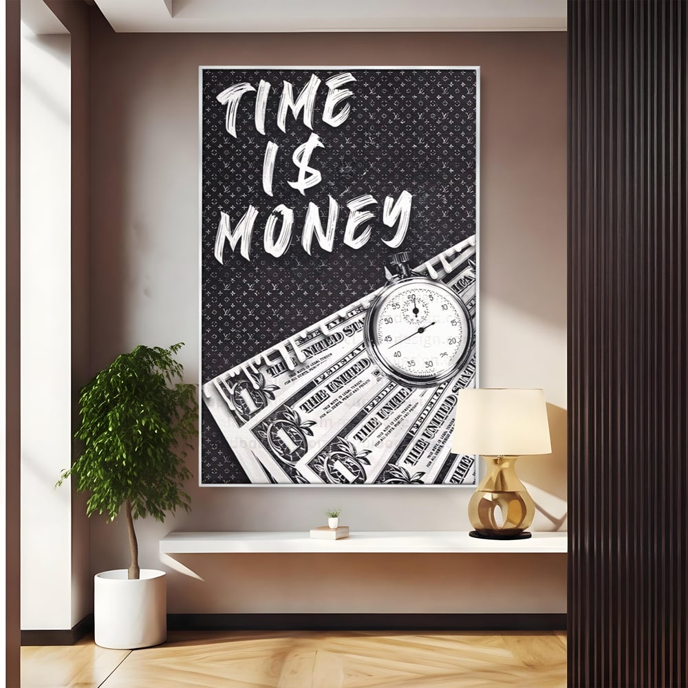 Tablou canvas cu tablou motivational cu bani si ceas, in rama de aluminiu argintiu